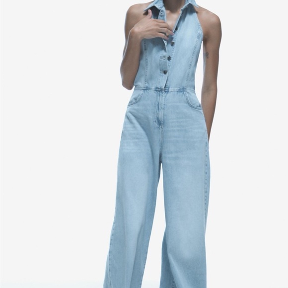 Zara Denim - zara small Light Blue Denim Halter Jumpsuit